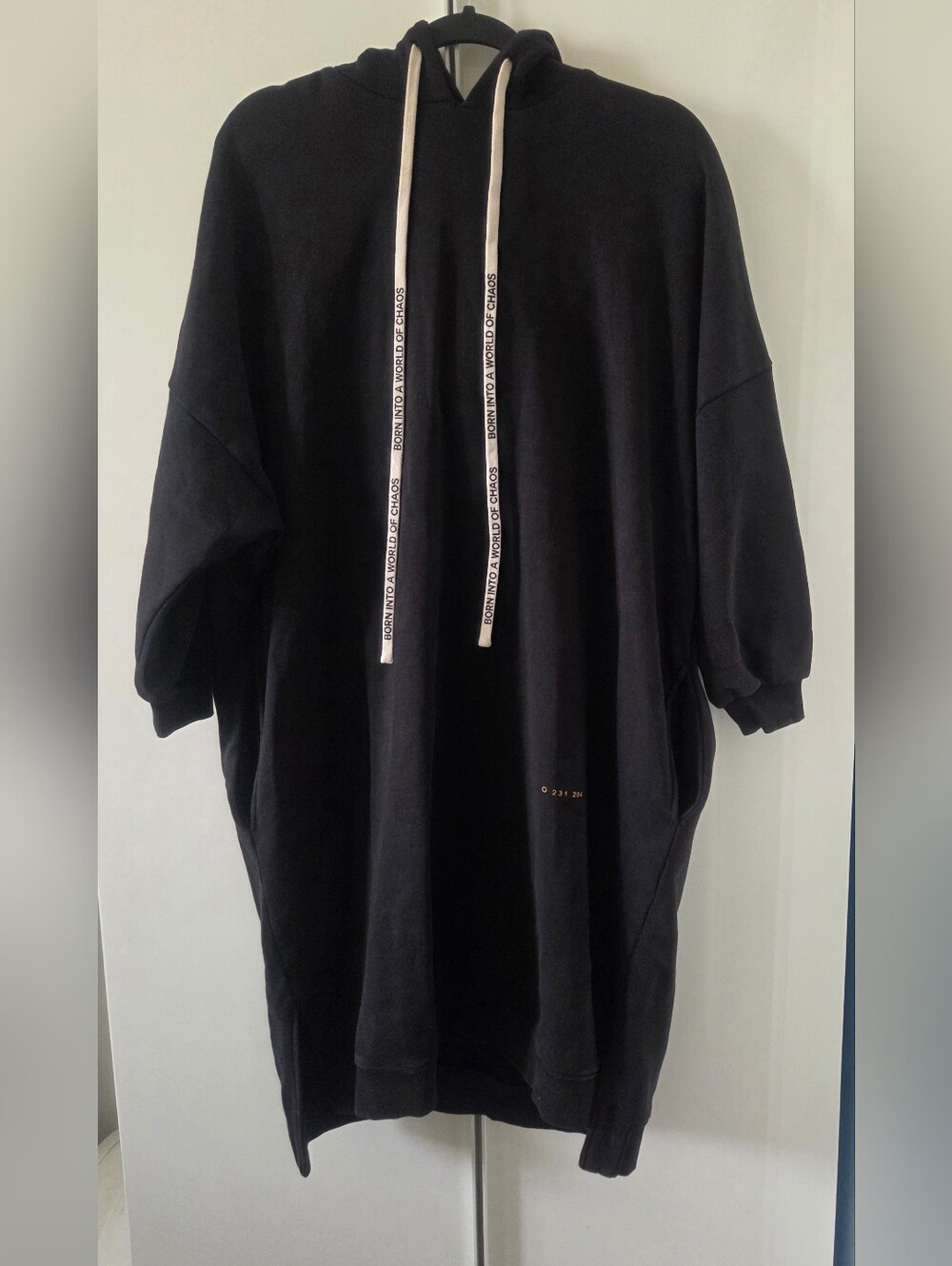 Black Oversized Hooded Sweater Dress with Contrast Drawstrings S